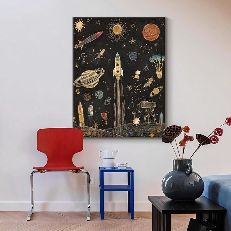 玄关小众艺术手绘油画客厅抽象宇宙飞船装饰画创意潮流儿童房挂画图片