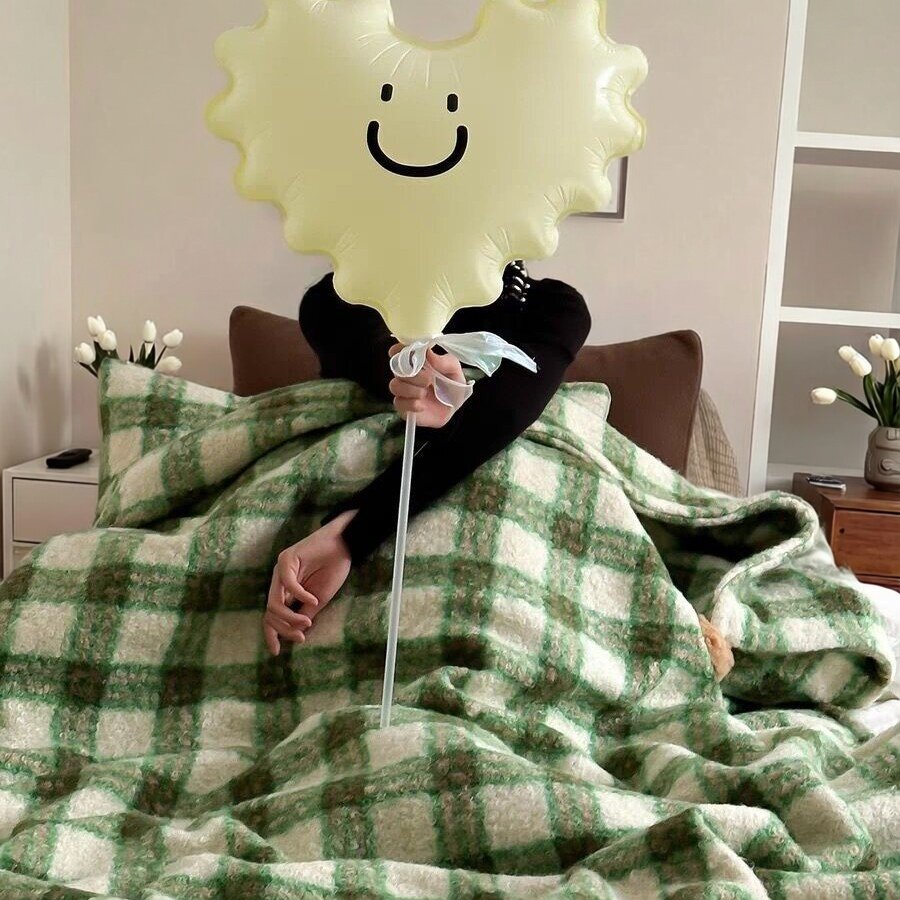 格纹羊卷妮毛毯双面球球盖毯英伦复古毯子柔软加厚沙发毯午睡毯