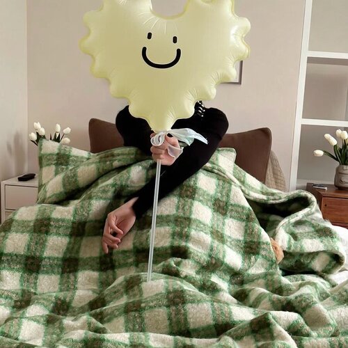 格纹羊卷妮毛毯双面球球盖毯英伦复古毯子柔软加厚沙发毯午睡毯