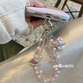 新款 粉晶闪钻木马甜美少女kt猫珍珠串珠手机链手机挂绳钥匙扣挂链