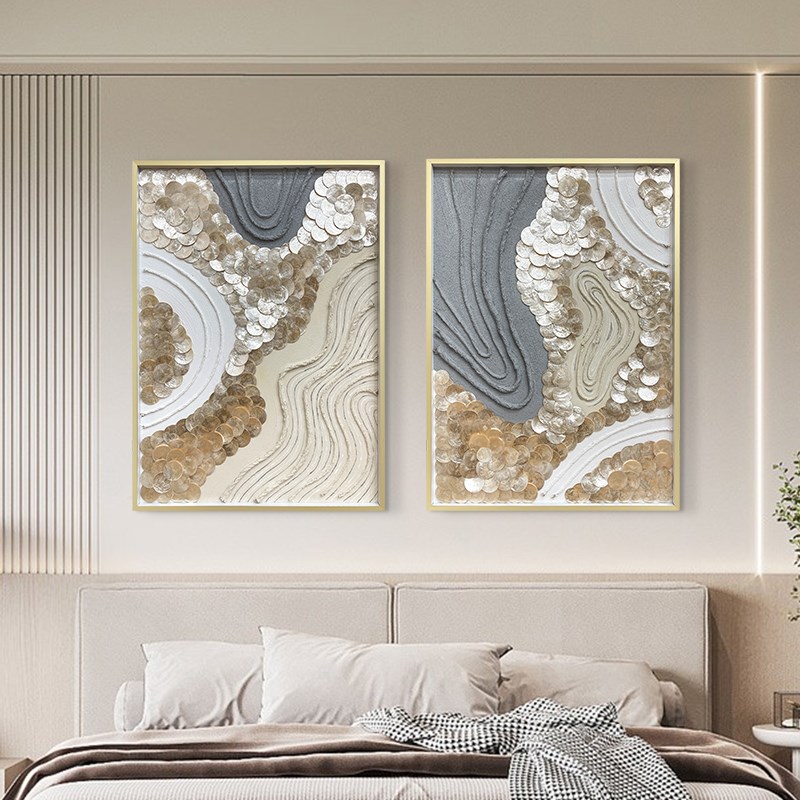 创意轻奢贝壳装饰画客厅玄关卧室两联画手绘抽象艺术油画立体挂画图片