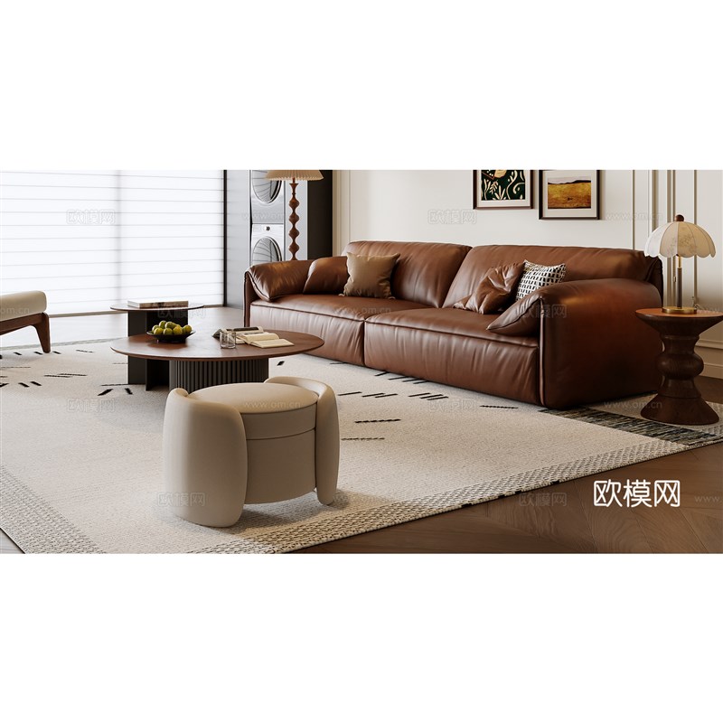 法式复古客厅皮艺沙发茶几组合现代简约大平层真皮沙发设计师款
