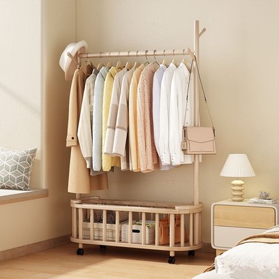 可移动带轮晾衣架新中式实木衣帽架 客厅落地衣架卧室简约挂衣架