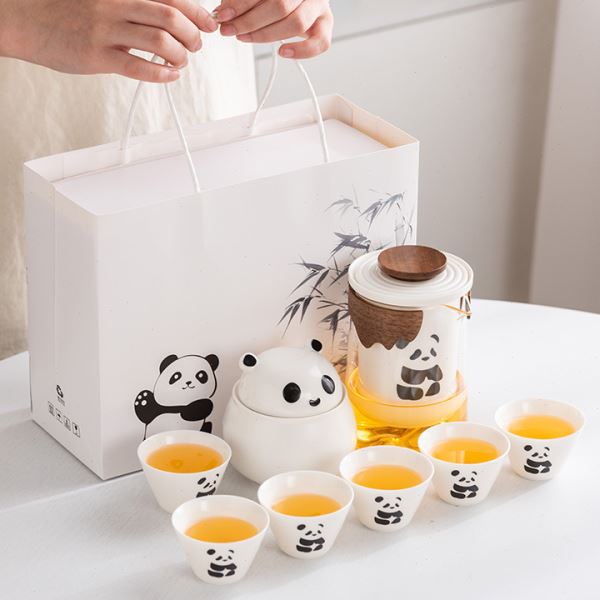 熊猫文创旅行茶具一壶三四六杯羊脂玉瓷企业商务伴手礼品套装