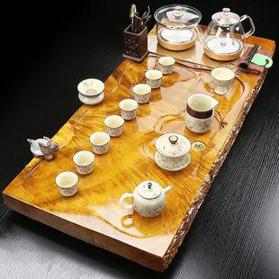 全自动烧水壶一体式 金丝楠木茶盘茶具套装 轻奢高级感整木单层排水