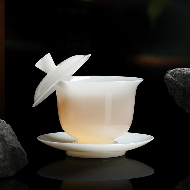 璞玉冰种玉瓷悬停旋转三才盖碗茶杯单个高档大容量泡茶杯功夫茶具