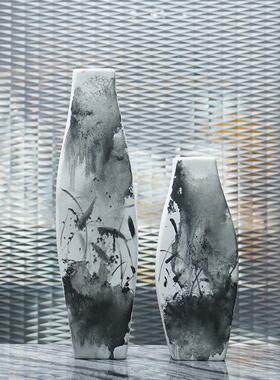 新中式水墨陶瓷花瓶摆件客厅台面插花花器售楼处酒店软装饰品摆设