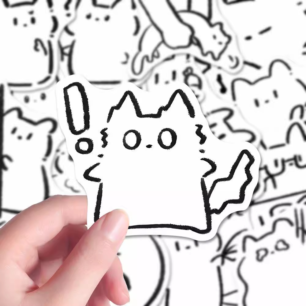 48张创意简笔画小猫贴纸卡通可爱线条小猫创意装饰手账本桌面diy