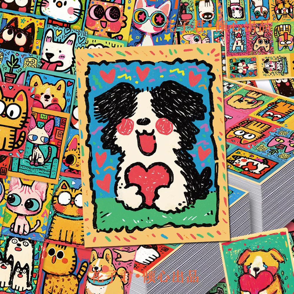 126张彩绘卡通狗狗猫咪插画贴纸ins可爱艺术色彩手账装饰贴画diy