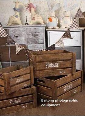 韩国覆古婚纱旧棕色木框存储木盒饰品橱窗展示花盒照片道具
