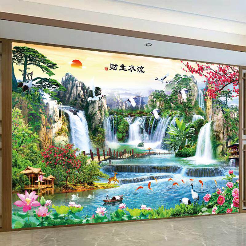 山水画墙贴流水生财山水风景画装饰客厅墙壁画背景墙纸自粘贴之满