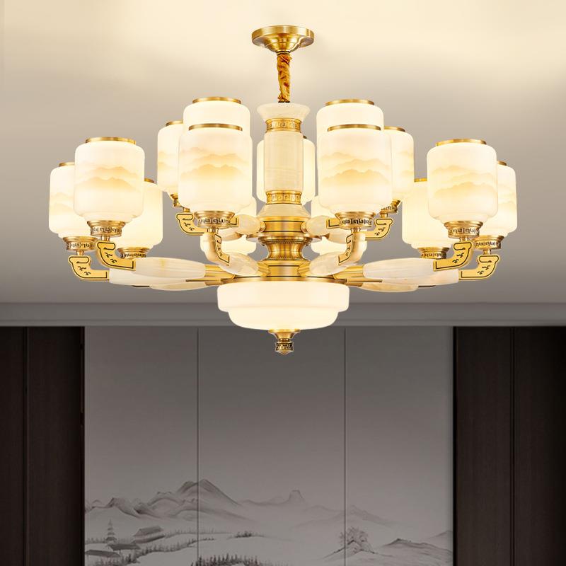 全铜新中式客厅吊灯玉石餐厅家居别墅复式楼挑高全屋灯饰