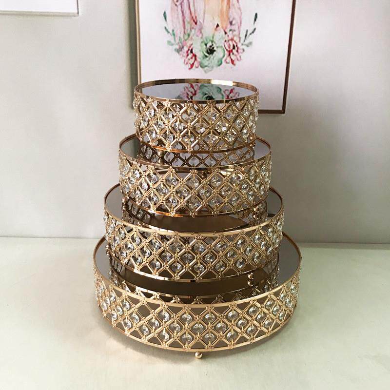 欧式圆形电镀蛋糕架子婚庆道具蛋糕台玻璃镜水晶展示架金属色托盘