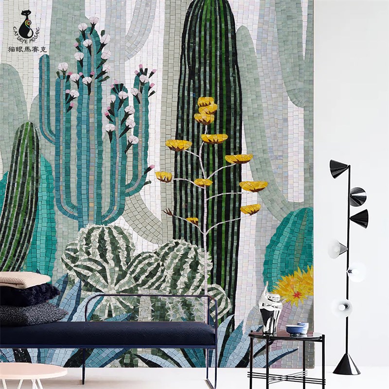 猫眼 热带植物马赛克餐厅玄关背景墙装饰画 仙人掌卫生间定制拼花图片