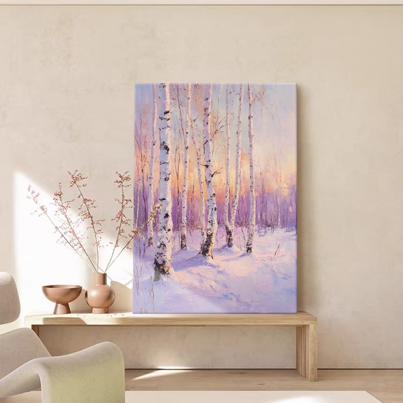 奶油风桦树林手绘油画客厅装饰画森林雪地治愈系走廊过道玄关挂画图片