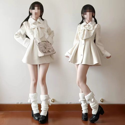 日单蕾系清楚系蕾服日系大小姐lizlisa风格白毛呢花边蝴蝶结外套