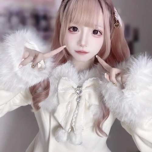 日单蕾系lizlisa风格日系蕾服秋冬外套清楚系蝴蝶结毛领毛呢大衣