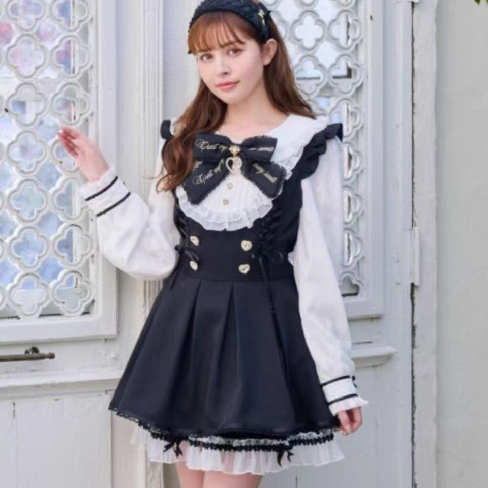 日单蕾系量产型lizlisa风格日系蕾服长袖蕾丝蝴蝶结连衣裙套装