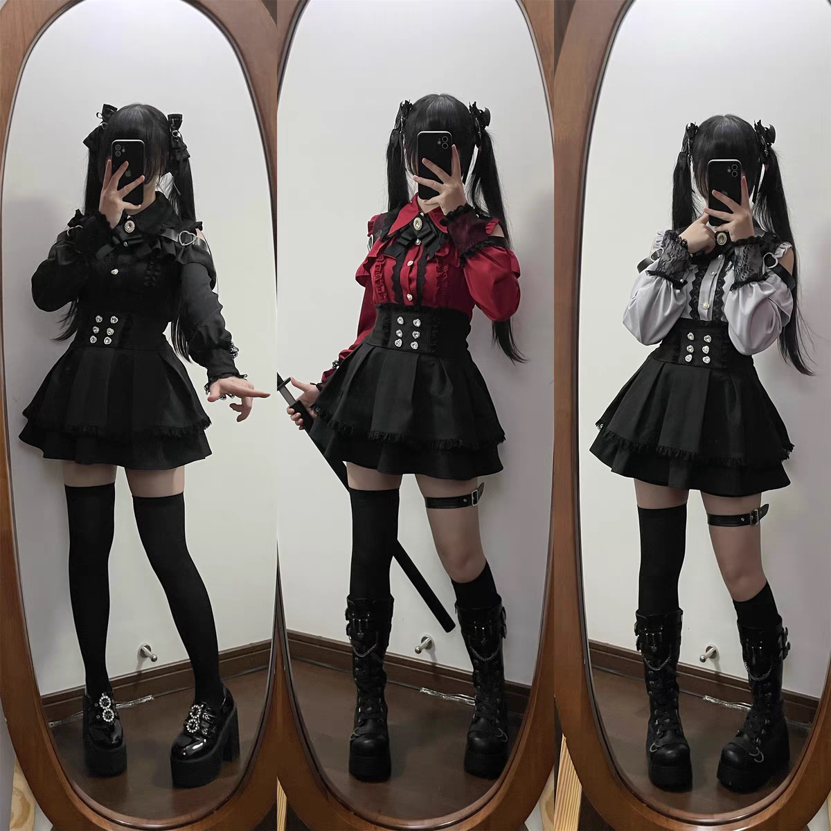 日单蕾系量产型Lizlisa风格甜心邂逅暗黑少女蕾服露肩衬衫+小黑裙
