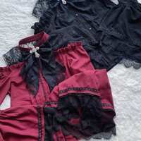 Japanese single lace-style mass-produced lace-style dress, SC style girl's sleeve lace cross off-the-shoulder black and red shirt top thumbnail 5