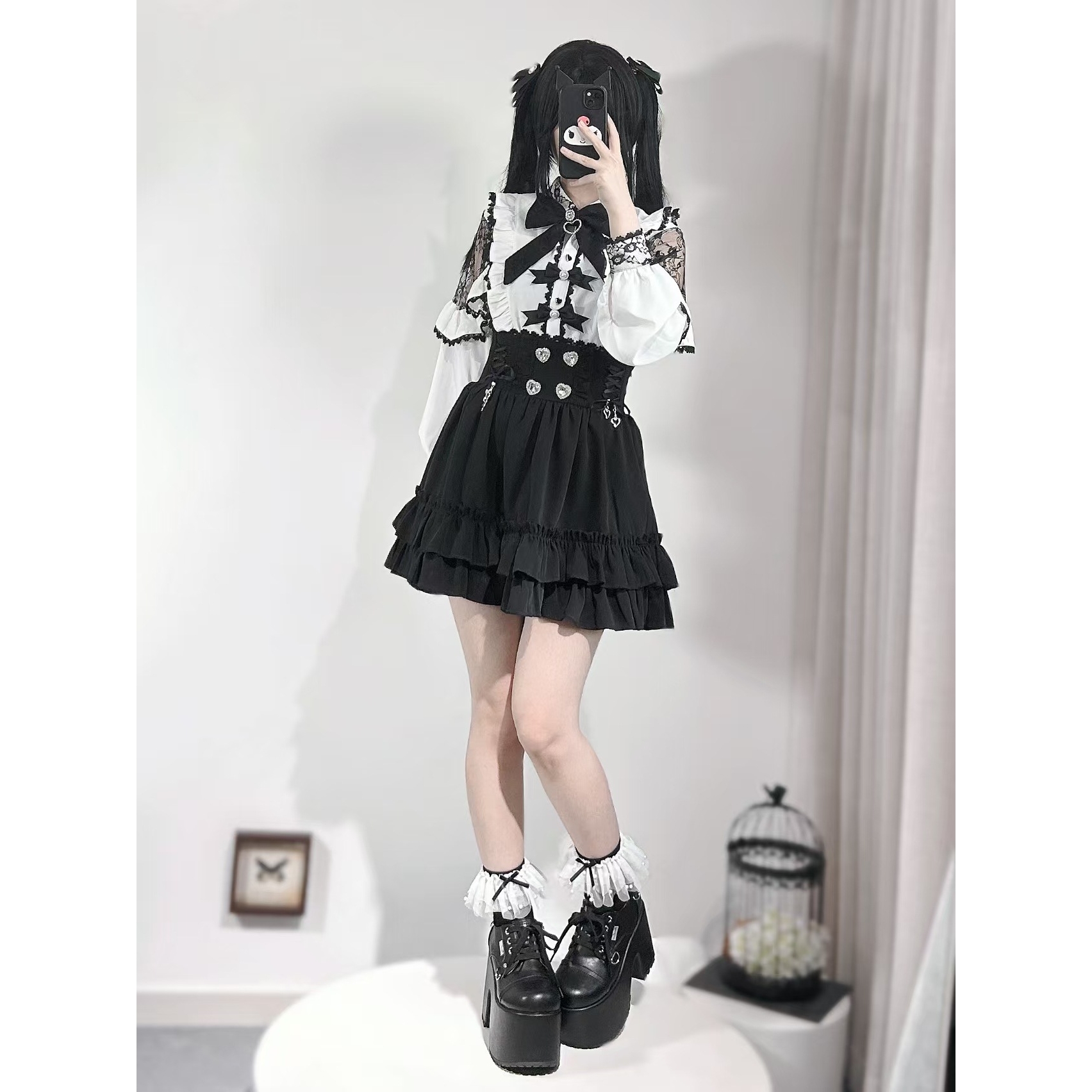 日本原单lizlisa蕾服学院风显瘦套装裙女秋季白色长袖衬衫高腰裙