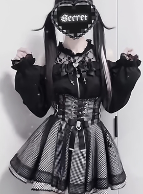 日单蕾系量产型lizlisa风格日系蕾服长袖露肩蕾丝蝴蝶结衬衫格子