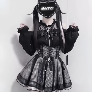 格子 露肩蕾丝蝴蝶结衬衫 日单蕾系量产型lizlisa风格 日系蕾服长袖