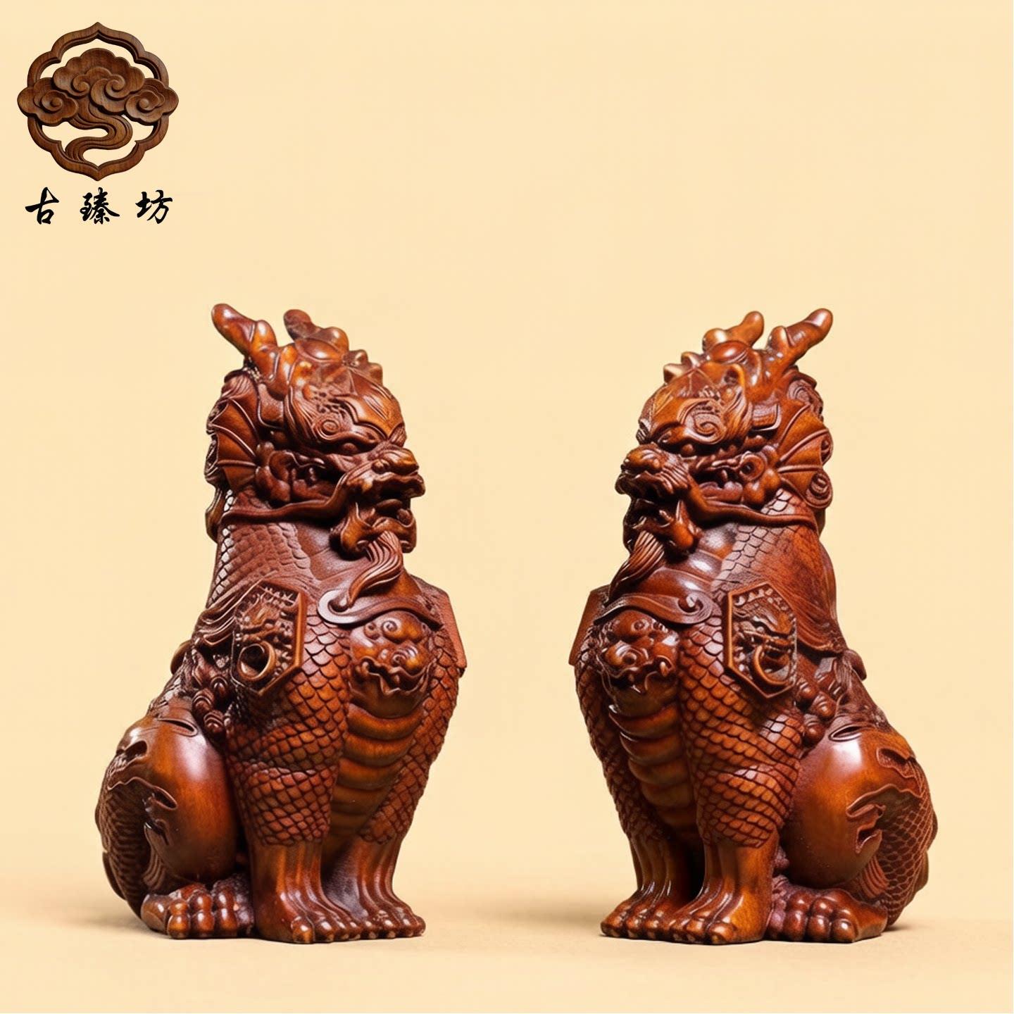 彷古黄杨木雕蹲坐麒麟摆件貔貅瑞兽家居装饰工艺礼品摆饰实木手把