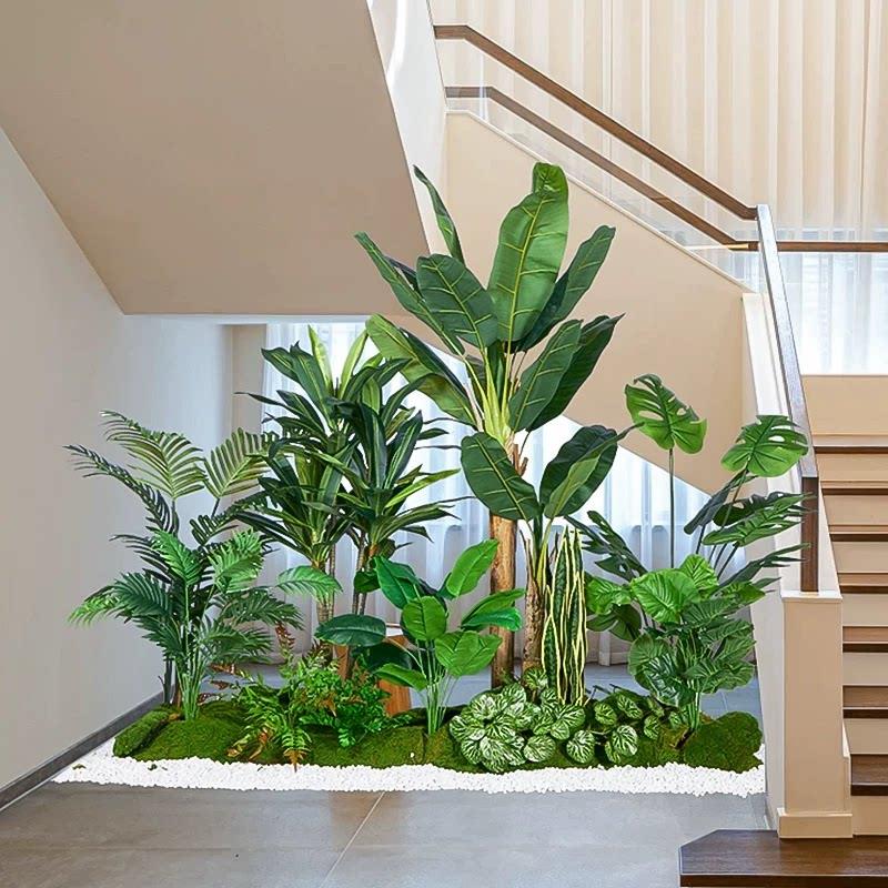 彷真绿色植物大型室内造景组合楼梯下热带假植物景观假树盆栽装饰