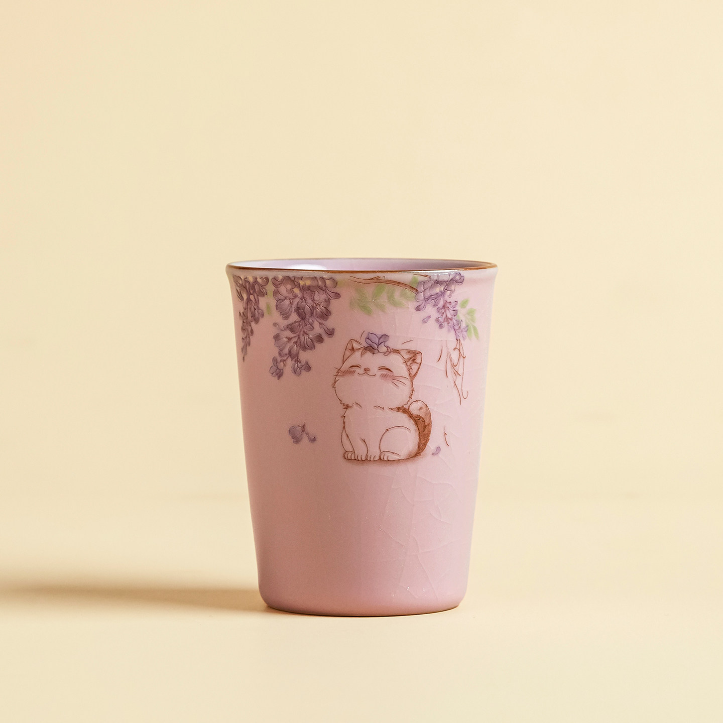 粉色汝窑紫藤猫咪茶杯主人杯图片