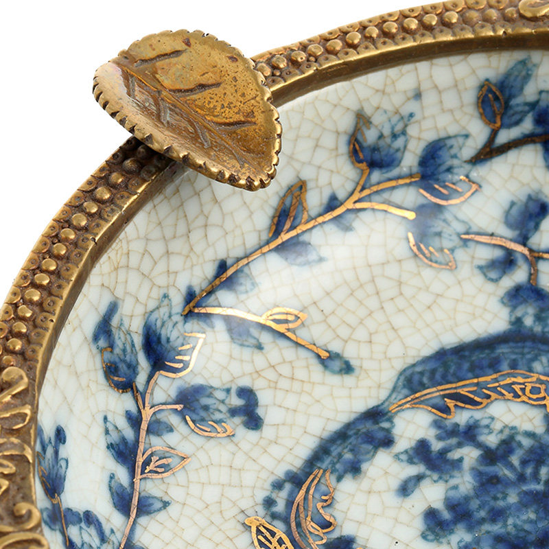 欧式高档烟灰缸美式客厅茶几家用装饰品陶瓷配铜青花瓷描金摆件品