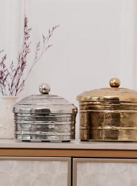 欧式古典进口铝制横条锤纹复古做旧金银色收纳罐摆件样板间装饰盒
