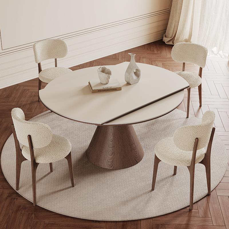 纯白岩板餐桌可伸缩家用小户型现代简约胡桃色方圆两用实木餐桌