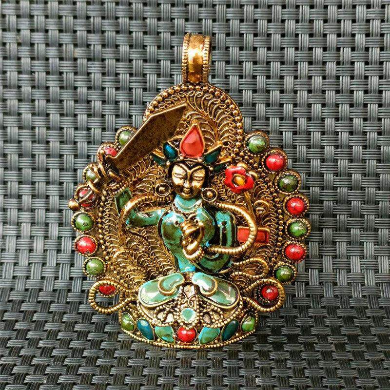 藏传用品佛像尼泊尔纯铜手工鎏金文殊菩萨生肖兔守护神吊坠牌