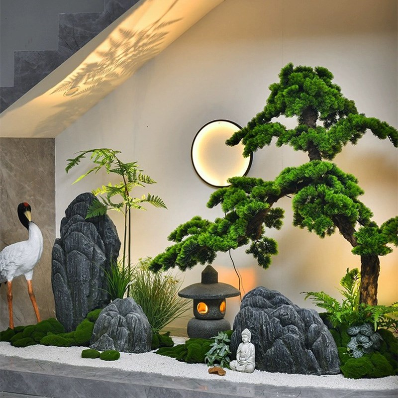 日式山水庭院装饰仿真石头玻璃钢摆件禅意室内橱窗绿植软装造景石