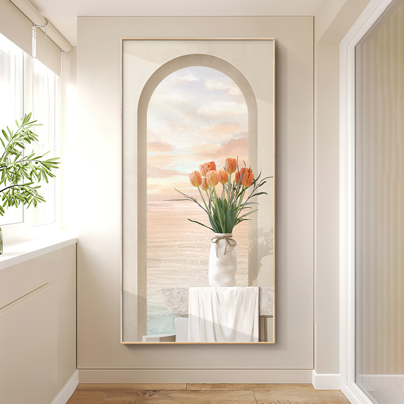 奶油风玄关装饰画海景日出绿植花卉壁画北欧竖版高档走廊过道挂画图片