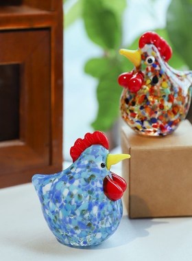 鸡型摆件创意可爱小鸡造型桌面玻璃小摆饰客厅书桌彩色咕咕鸡玻璃