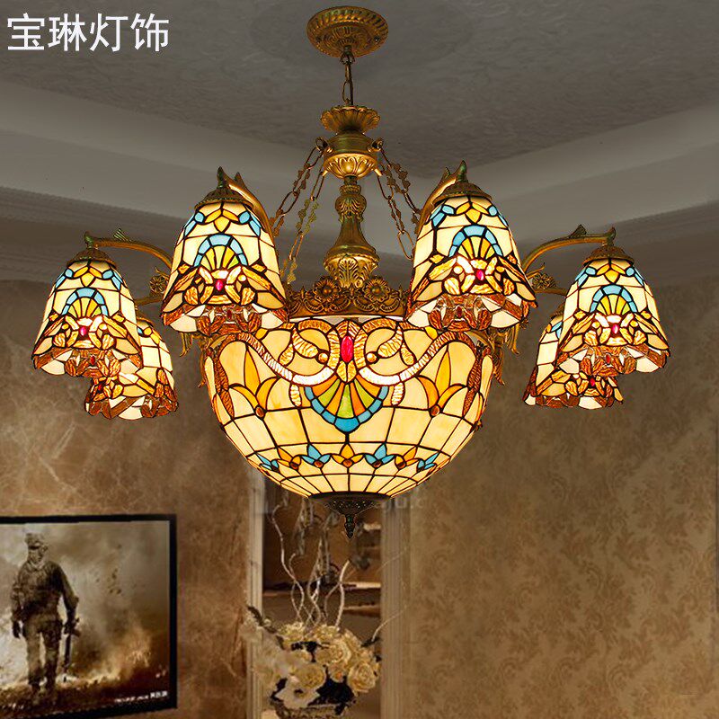 艺术玻璃吊灯复古风格吊灯客厅灯大气田园浪漫温馨卧室灯蓝色灯具