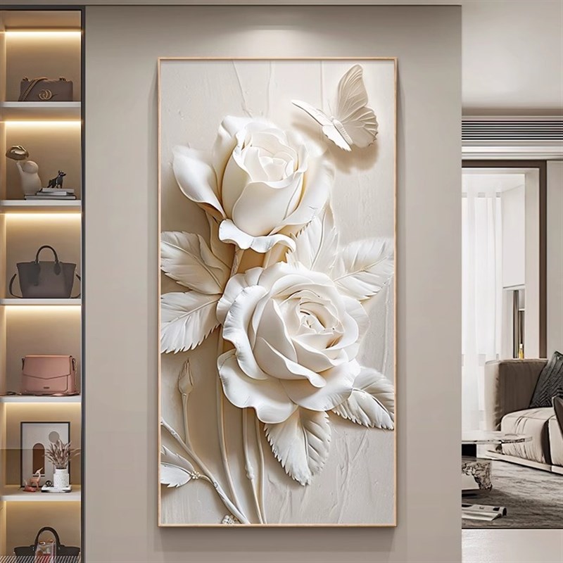 立体浮雕感壁画奶油风花卉玄关装饰画2024年新款高端入户过道挂画图片