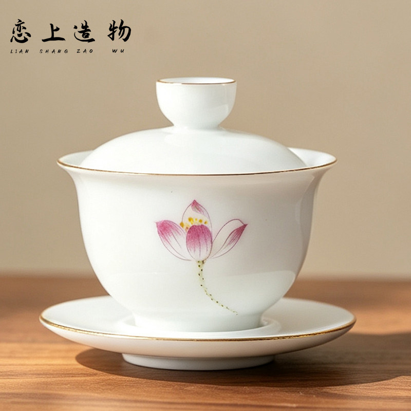 德化冰种玉白瓷三才盖碗茶杯单个高档女士个人专用茶具泡茶碗带盖