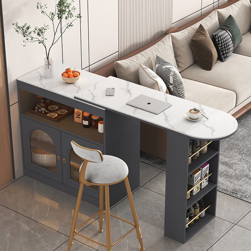 奶油风实木吧台桌可伸缩家用岩板吧台可旋转吧台实木板隔板