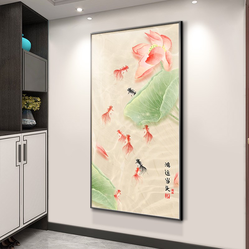 中式荷花走廊过道墙面挂画九鱼图玄关装饰画新客厅入户正对门壁画图片