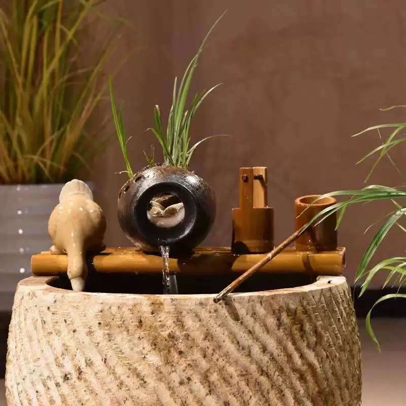 陶瓷鱼缸竹子陶罐流水过滤器圆缸专用增氧上置净水循环三合一系统