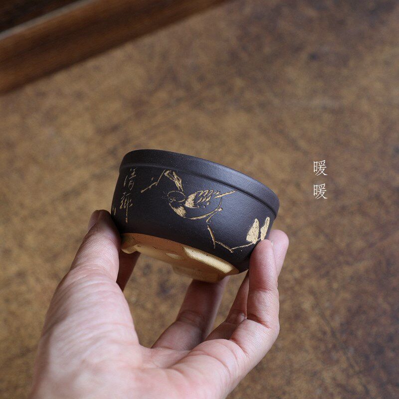 粉浆小宽边暖暖精选手工微型盆景绿植菖蒲花盆紫砂刻绘小鸟