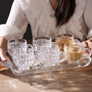 加厚耐热子带把带托盘家用玻璃水杯透明 茶具下午花茶杯咖啡杯套装