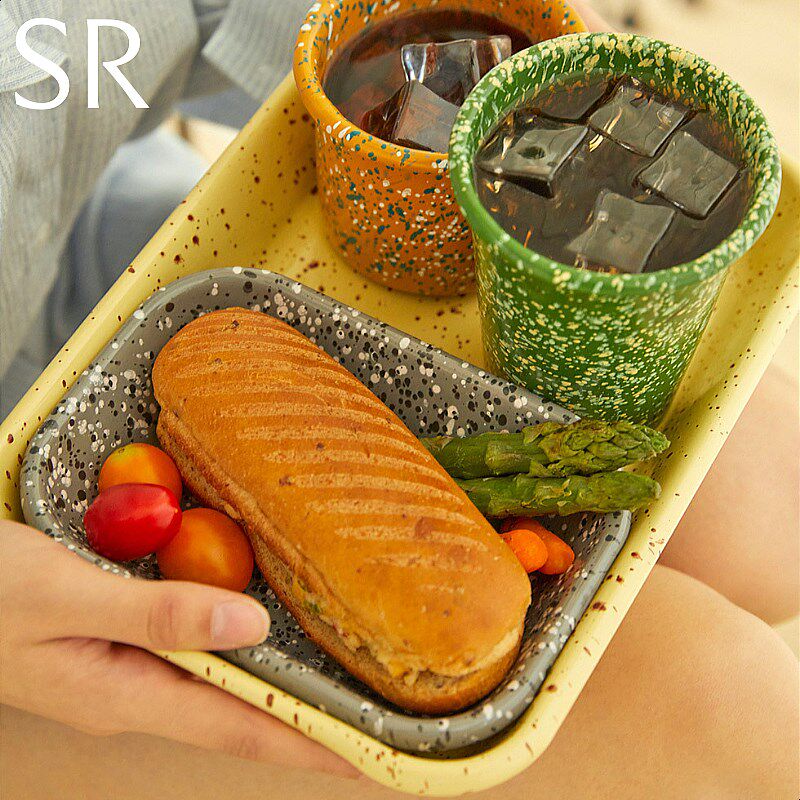 韩国Eding 搪瓷泼墨彩色烤盘备菜盘餐盘料理盘托盘方盘火锅备菜盘