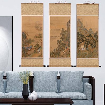 画装饰山水画家仇英十古代条仿古卷轴画条国画宣纸屏名多屏画绢一