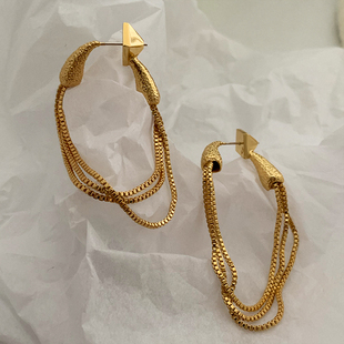 鬼才设计师 小众ins极简复w古欧美黄铜镀金色挂链条流苏耳环防过