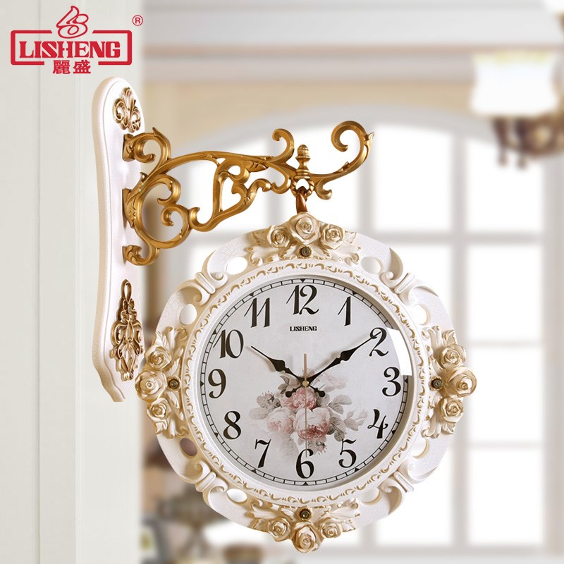 丽盛欧式双面挂钟客厅静音两面挂表创意时钟田园现代W简约家用钟