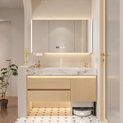 原木陶瓷一体浴室柜放扫地机x器人基站厕所洗手盆柜组合洗漱台定